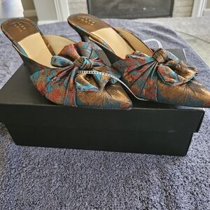 Alex Marie – Audrene Teal, Copper, Brown Multi Elegant Mule with Bow (Size 9M)